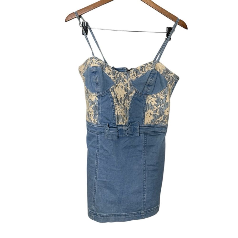 Zara Blue Denim Mini Dress with Cream Lace Bust and Bow